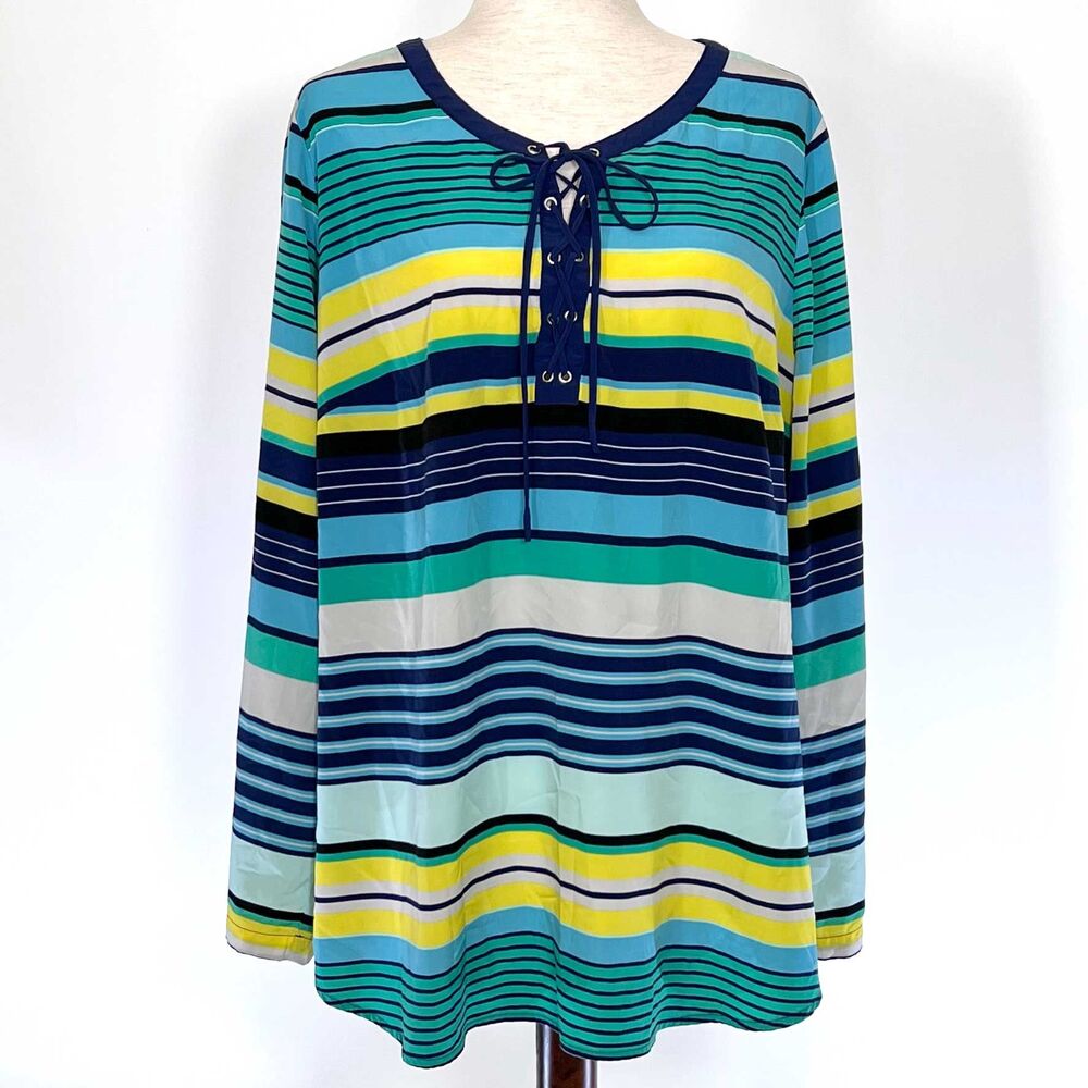 Lane Bryant Plus Size Lace-Up Striped Top 18W Blue Yellow